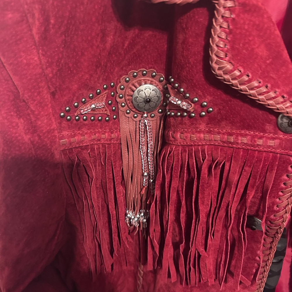 Scully Women's Red Leather Jacket with Fringe and Studs